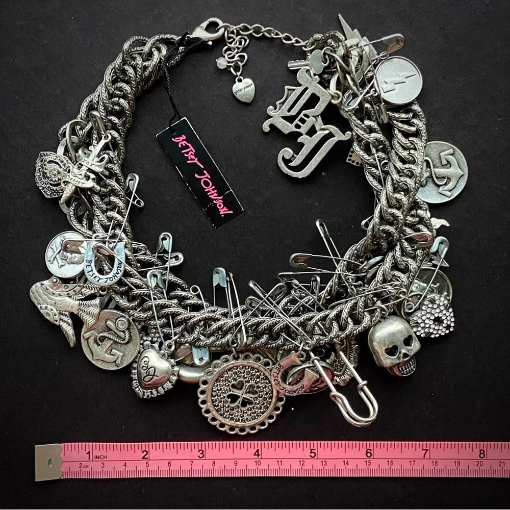 VINTAGE BETSEY JOHNSON Black Label Statement Charms Chain Necklace